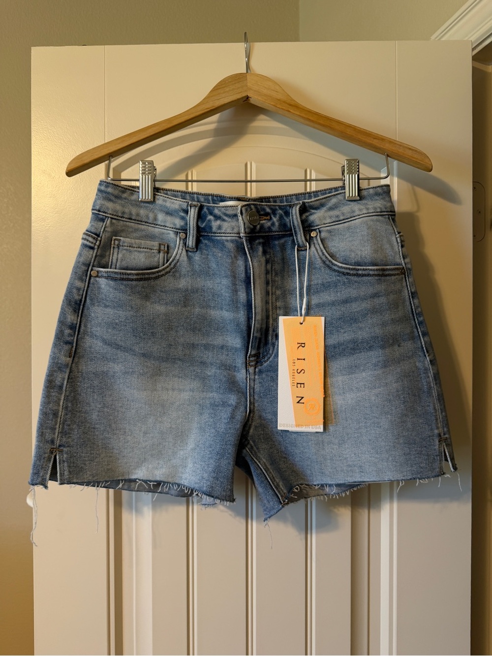 Risen High-Waist Light Wash Denim Shorts - Light Blue